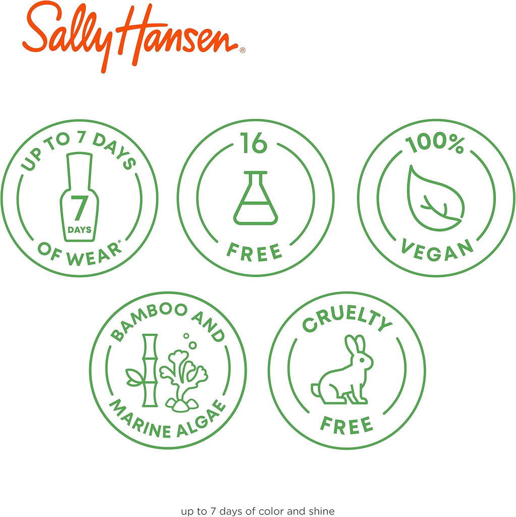 Infographic showing Sally Hansen Good Kind Pure benefits – up to 7 days wear, 16-free formula, vegan, cruelty-free, enriched with bamboo and marine algae