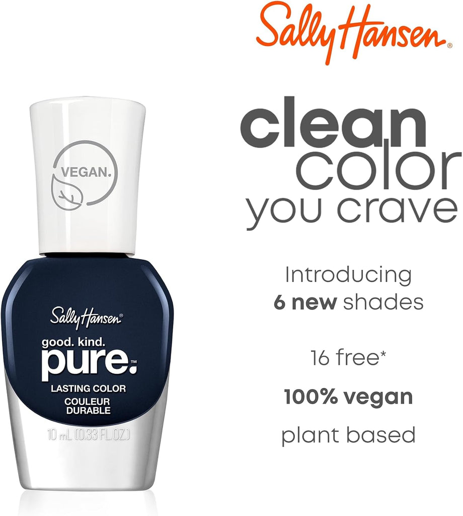Promotional image of Sally Hansen Good Kind Pure vegan nail polish highlighting 100% plant-based, cruelty-free formula with natural ingredients