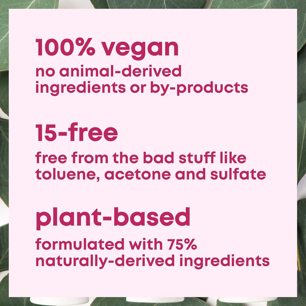 Product information card for Sally Hansen Good Kind Pure nail polish range, showing vegan, 15-free, and plant-based benefits made with naturally derived ingredients for healthier nails.