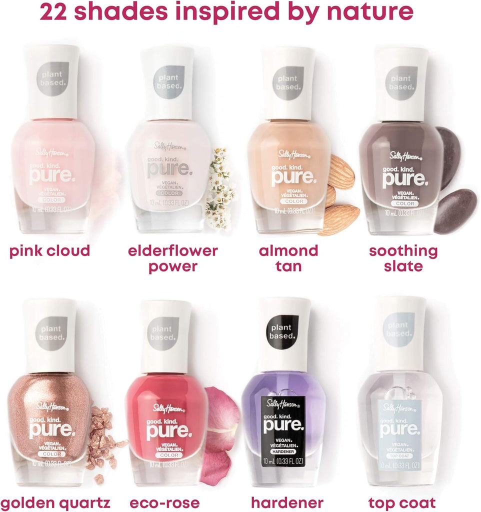 Collection display of Sally Hansen Good Kind Pure plant-based vegan nail polishes with multiple shades like Pink Cloud, Elderflower Power, Almond Tan, Soothing Slate, Eco-Rose, and Raw Cocoa, inspired by natural tones.