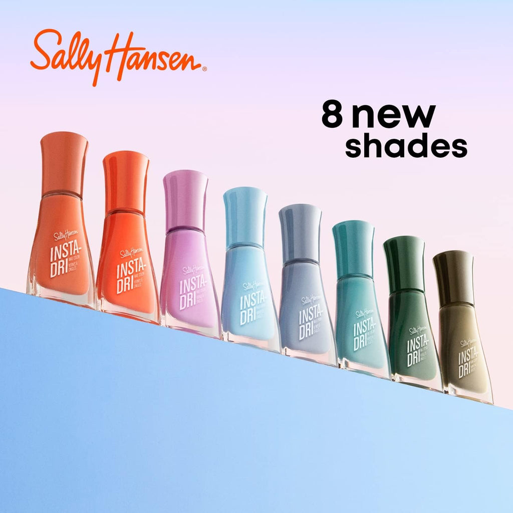 Line-up of Sally Hansen Insta-Dri Getaway Collection with eight bottles in new shades including coral-orange, pink, purple, blue, teal and deep green, all standing in a row against a pastel background