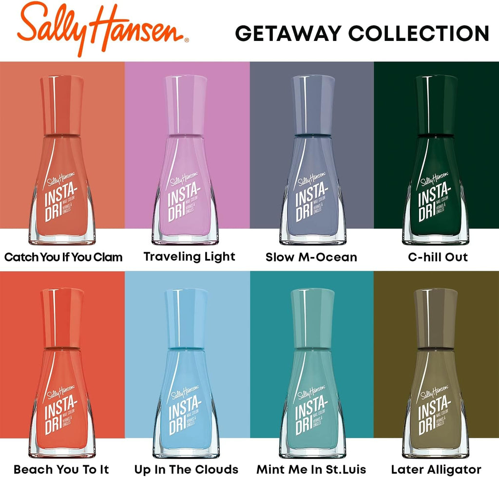 Shade chart of Sally Hansen Insta-Dri Getaway Collection with bottles and shade names shown, featuring 356 Beach You To It coral-orange along with seven other bold shades