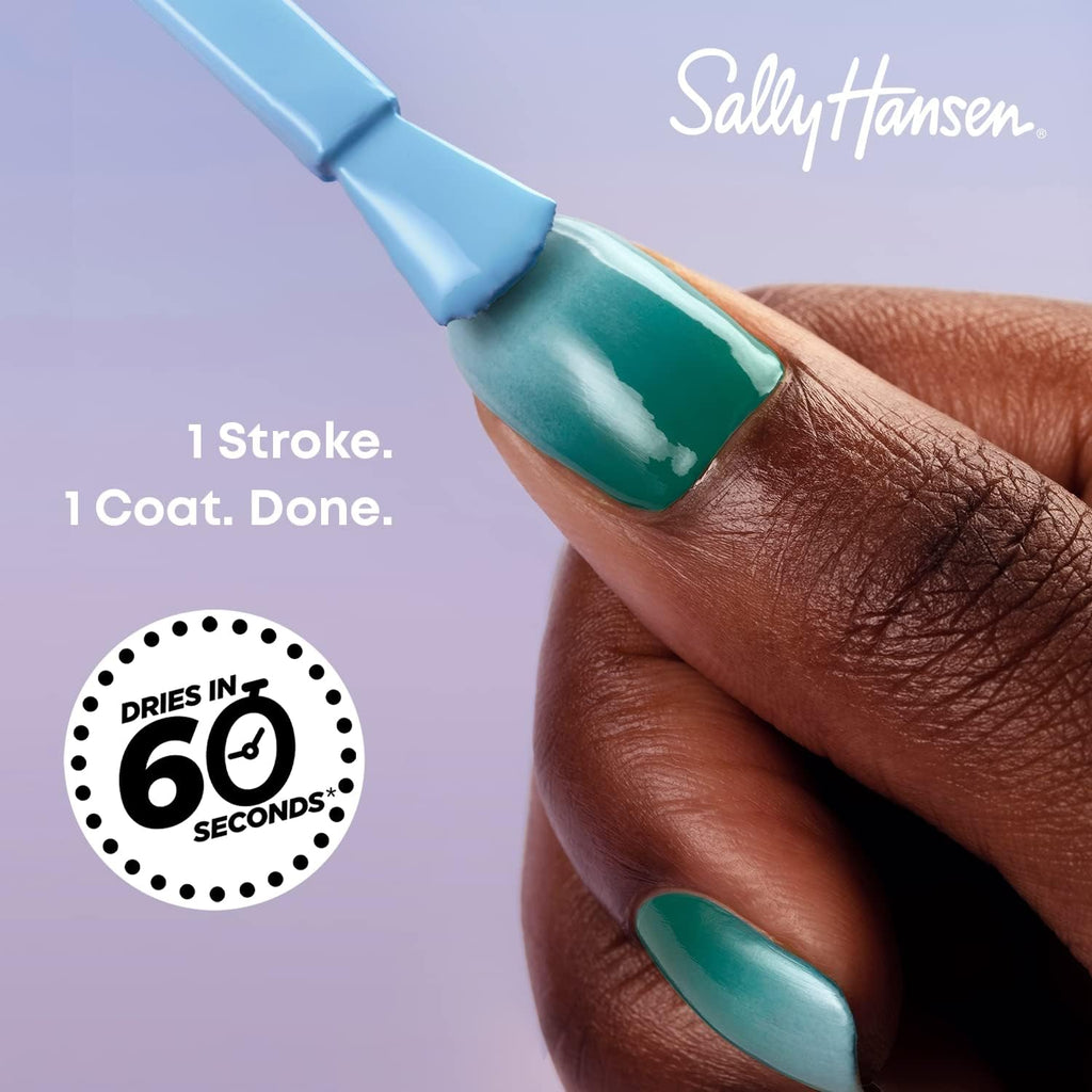 Close-up of Sally Hansen Insta-Dri brush applying teal polish to nails with tagline “1 Stroke, 1 Coat, Done. Dries in 60 seconds”, highlighting smooth application