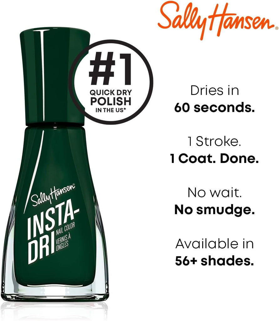 Promotional image of Sally Hansen Insta-Dri nail polish showing bold claims: dries in 60 seconds, one stroke application, one coat coverage, no smudging, available in 56+ shades