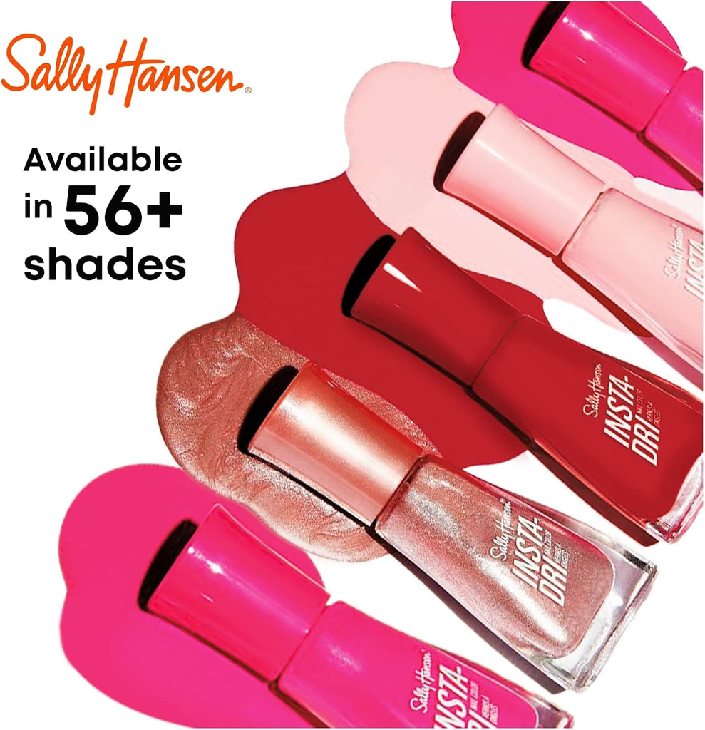 Sally Hansen Insta-Dri nail polish range promotional image showing multiple shades including reds, pinks, and metallics, available in 56+ colors