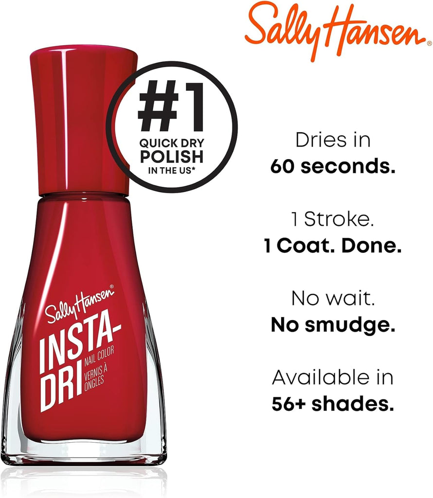 Sally Hansen Insta-Dri nail polish promo highlighting quick-dry formula, dries in 60 seconds, one coat application, available in 56+ shades