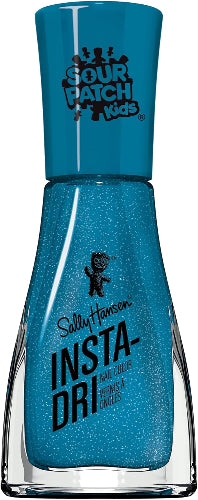 Sally Hansen Insta-Dri Sour Patch Kids nail polish in shade 758 Full Moon, teal blue with silver glitter shimmer, bottle with teal cap and Sour Patch Kids branding