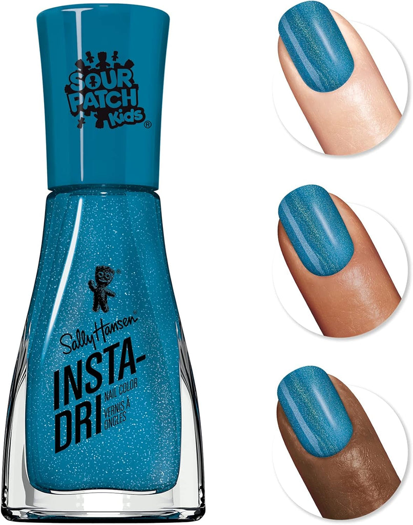 Close-up swatches of Sally Hansen Insta-Dri 758 Full Moon teal blue glitter polish on light, medium, and dark skin tones showing even shimmer coverage