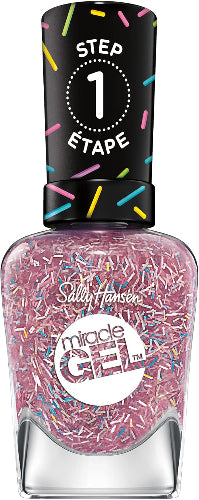 Sally Hansen Miracle Gel Nail Polish 161 Mixture Perfect bottle with confetti-style sprinkles in pink base