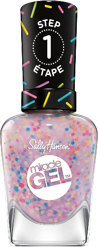 Sally Hansen Miracle Gel Nail Polish shade 164 Sprinkle & Spice in a clear bottle with colorful confetti-style particles, black cap decorated with sprinkles, and Step 1 label.