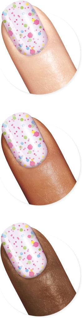 Three nail swatches of Sally Hansen Miracle Gel Sprinkle & Spice on light, medium, and dark skin tones, showing the sheer pink polish with colorful confetti glitter evenly distributed across nails.