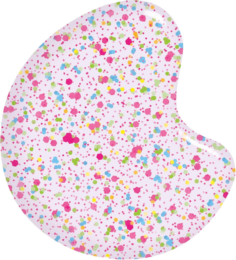 Close-up swatch of Sally Hansen Miracle Gel Sprinkle & Spice showing a sheer pink base filled with multi-colored hexagonal and circular glitter particles in blue, green, pink, and yellow.