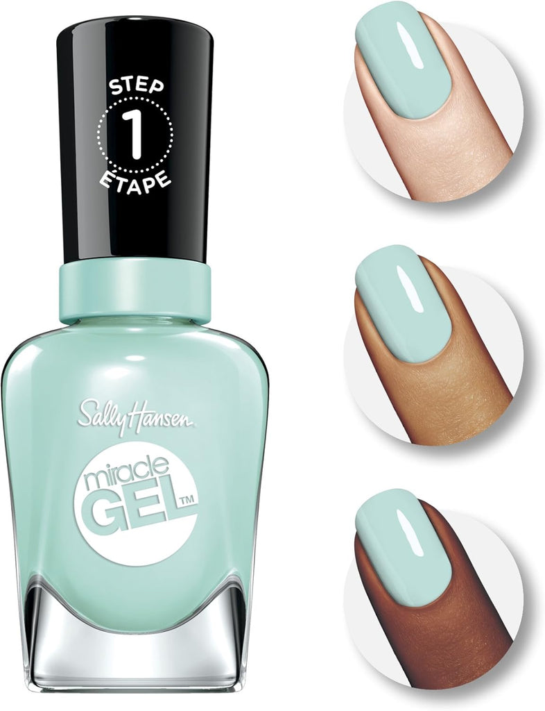 Sally Hansen Miracle Gel 240 B-Girl bottle with swatches shown on different skin tones, demonstrating even coverage and glossy finish