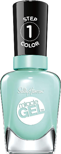 Sally Hansen Miracle Gel Nail Polish bottle in shade 240 B-Girl, a cool minty green color with black cap and white logo design