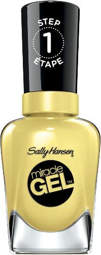 Sally Hansen Miracle Gel Nail Polish bottle 390 Lemon Heaven in dusky yellow shade with black cap