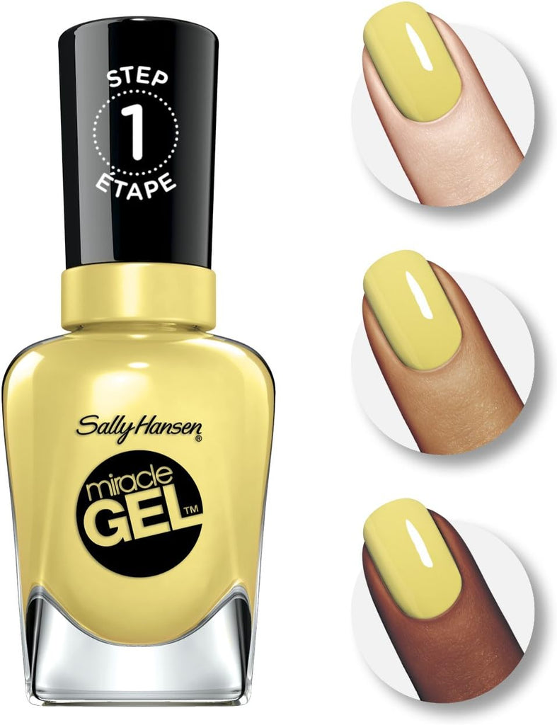 Close-up swatches of Sally Hansen Miracle Gel 390 Lemon Heaven showing dusky yellow shade on light, medium, and deep skin tones