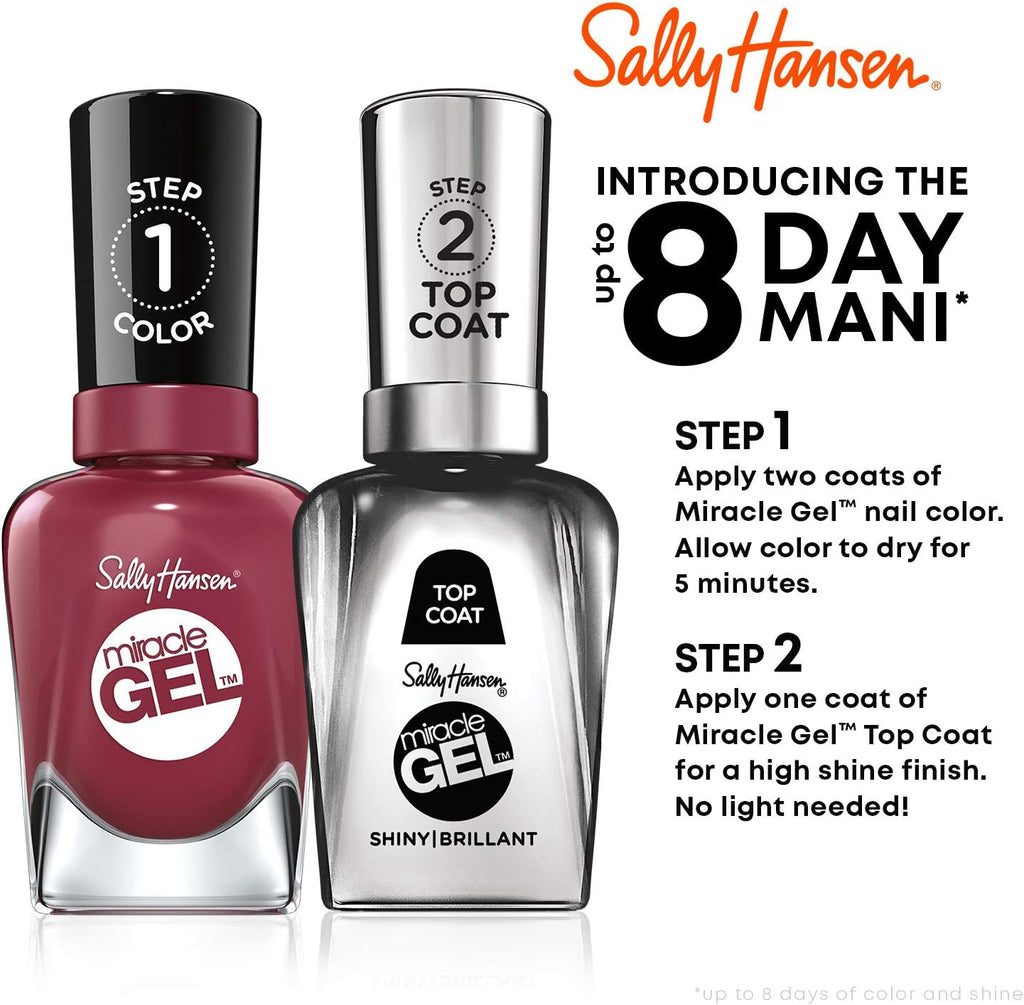 Promotional image for Sally Hansen Miracle Gel showing Step 1 color and Step 2 top coat, advertising up to 8 days of long-lasting manicure