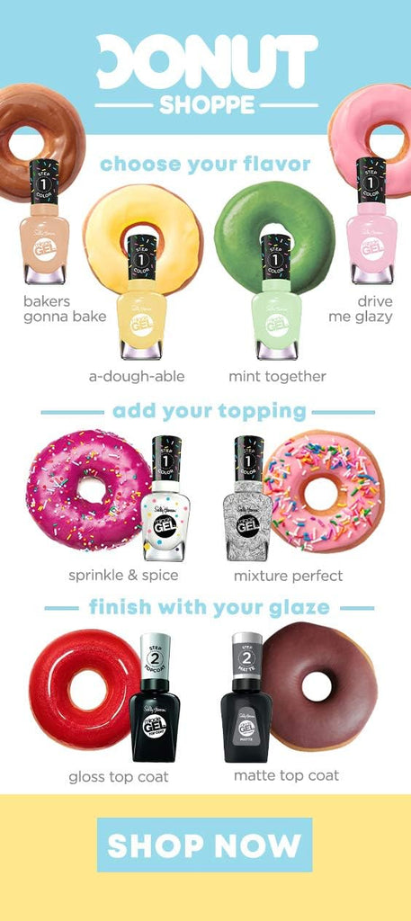 Promotional Donut Shoppe collection poster featuring Sally Hansen Miracle Gel shades inspired by donuts, including “Bakers Gonna Bake,” “A-Dough-Able,” “Mint Together,” “Drive Me Glazy,” and toppings like “Sprinkle & Spice” and “Mixture Perfect,” with glaze options shown as gloss or matte top coats.