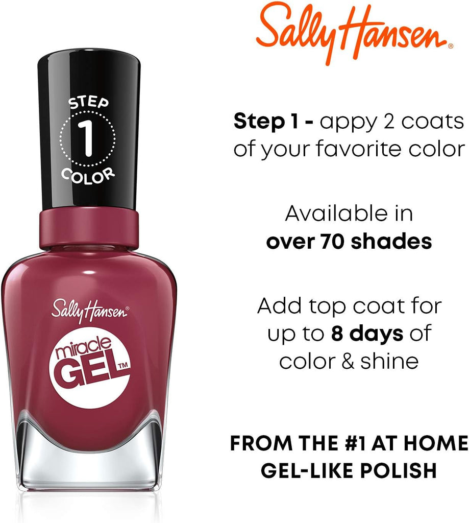 Instruction image showing Step 1 of Miracle Gel application with Sally Hansen bottle, advising two coats of color for lasting results