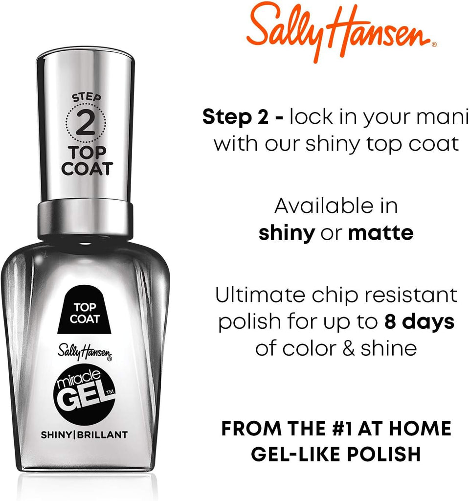 Instruction image for Sally Hansen Miracle Gel Step 2 Top Coat, highlighting shiny or matte finish for up to 8 days of chip resistance
