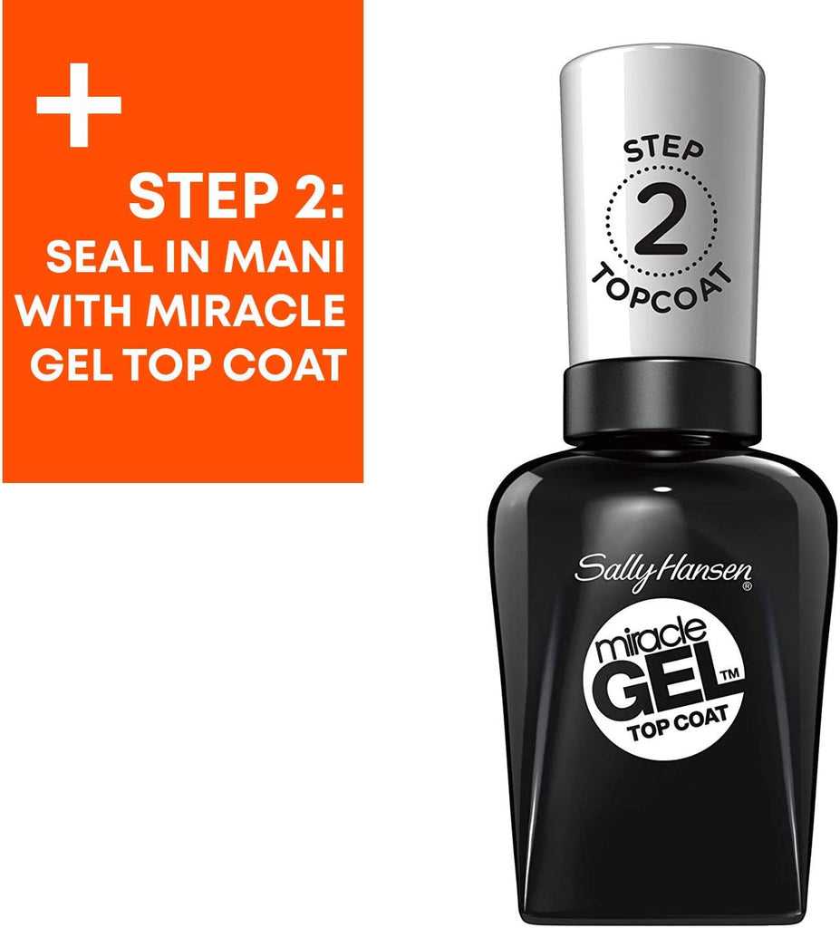 Sally Hansen Miracle Gel Top Coat bottle shown for Step 2, sealing in manicure for chip-resistant shine and salon-quality results