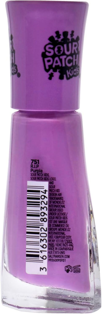 Back of Sally Hansen Insta-Dri Sour Patch Kids 751 R.I.P Purple nail polish showing shade details and barcode