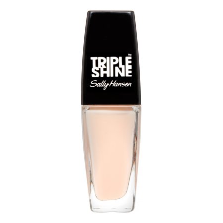 Sally Hansen Triple Shine Nail Polish in shade Shelling Secrets, a soft nude beige colour in a sleek clear glass bottle with bold black cap