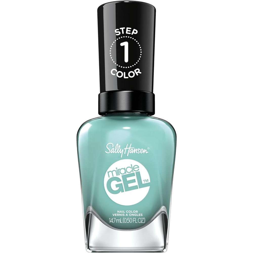 Sally Hansen Miracle Gel nail polish in Grey Matters, a blue-green shade with a black cap