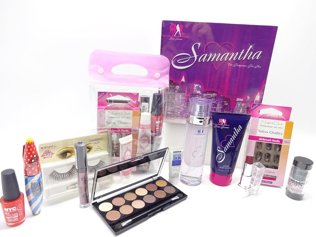 Samantha 2pc Perfume & Body Lotion Gift Set displayed alongside included makeup items, featuring nail polish, lashes, and other beauty essentials