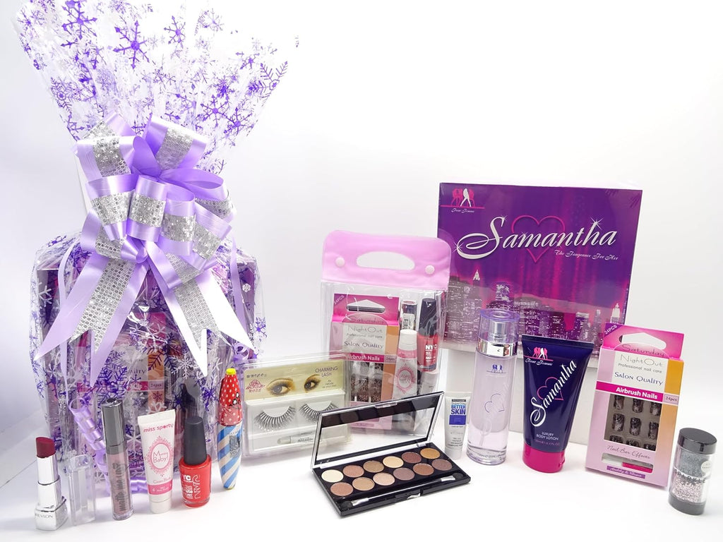 Samantha 2pc Perfume & Body Lotion Gift Set with makeup items, beautifully gift-wrapped in purple snowflake-patterned cellophane with a silver and lavender ribbon bow