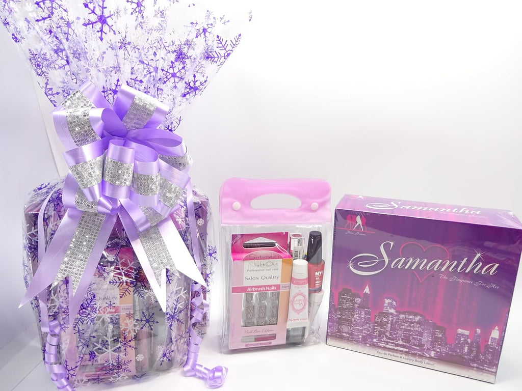 Side view of Samantha 2pc Perfume & Body Lotion Gift Set wrapped in purple snowflake cellophane with a sparkling silver and lavender ribbon bow