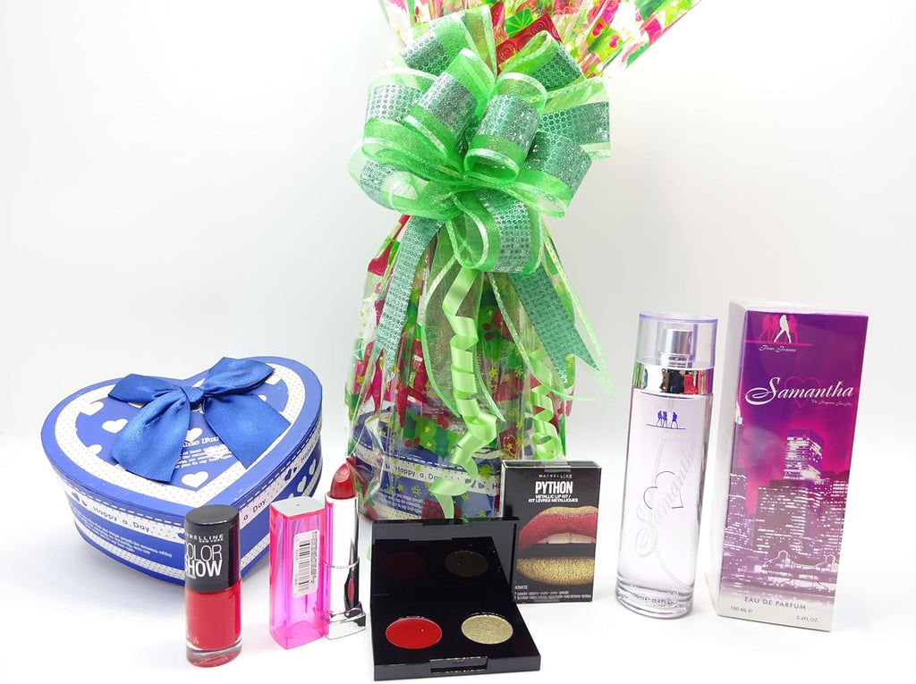 Complete Samantha gift set with perfume, makeup, and a festive wrapped blue heart-shaped gift box.