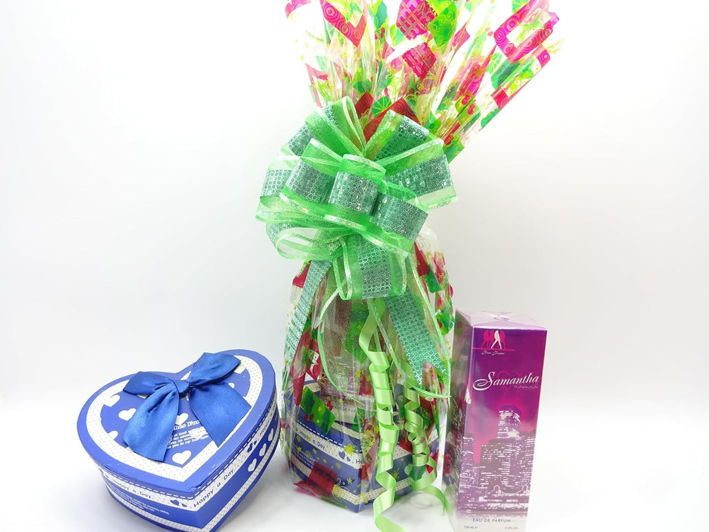 Samantha perfume, makeup, and blue heart-shaped gift box ready for gifting, paired with festive wrapping.