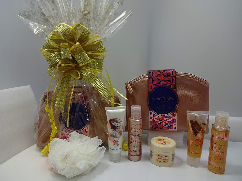 Sanctuary Spa Luxe Travel Treasures set front view, showcasing pampering products with a body puff and travel bag