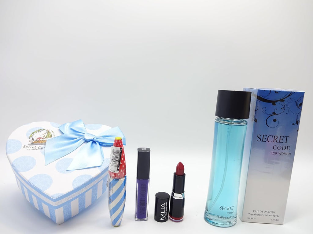 Secret Code perfume and makeup set featuring mascara, lipstick, and nail polish in a blue-themed gift hamper.