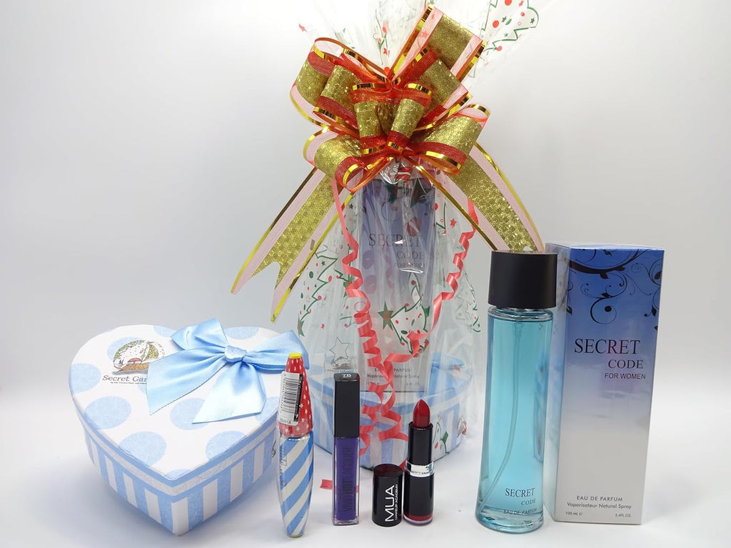 Complete view of Secret Code perfume, makeup items, and festive blue heart gift box wrapped for Christmas.