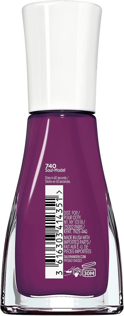 Back of Sally Hansen Insta-Dri Pride polish, shade 740 Soul-Model, violet purple with product barcode, ingredients, and usage information