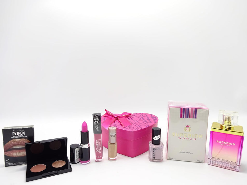 Contents of Superior Woman Perfume Gift Hamper including perfume, makeup kit, and heart-shaped box