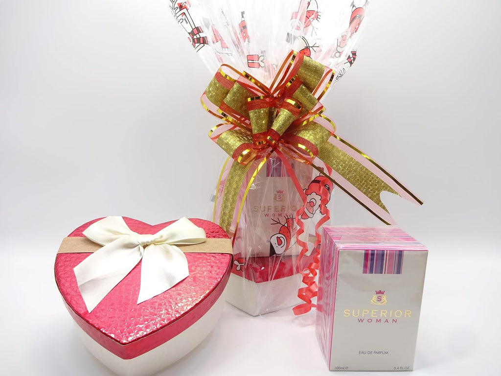 Unwrapped view of Superior Women perfume bundle with heart box and makeup items