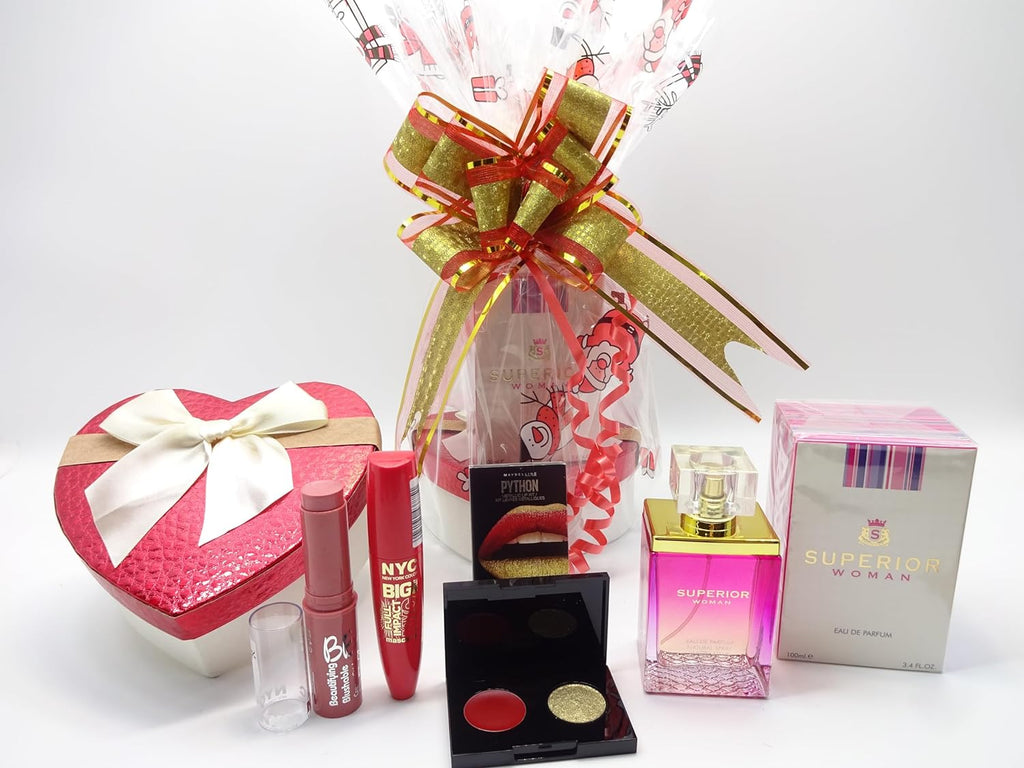 Superior Women perfume gift hamper bundle with makeup set and red heart-shaped box