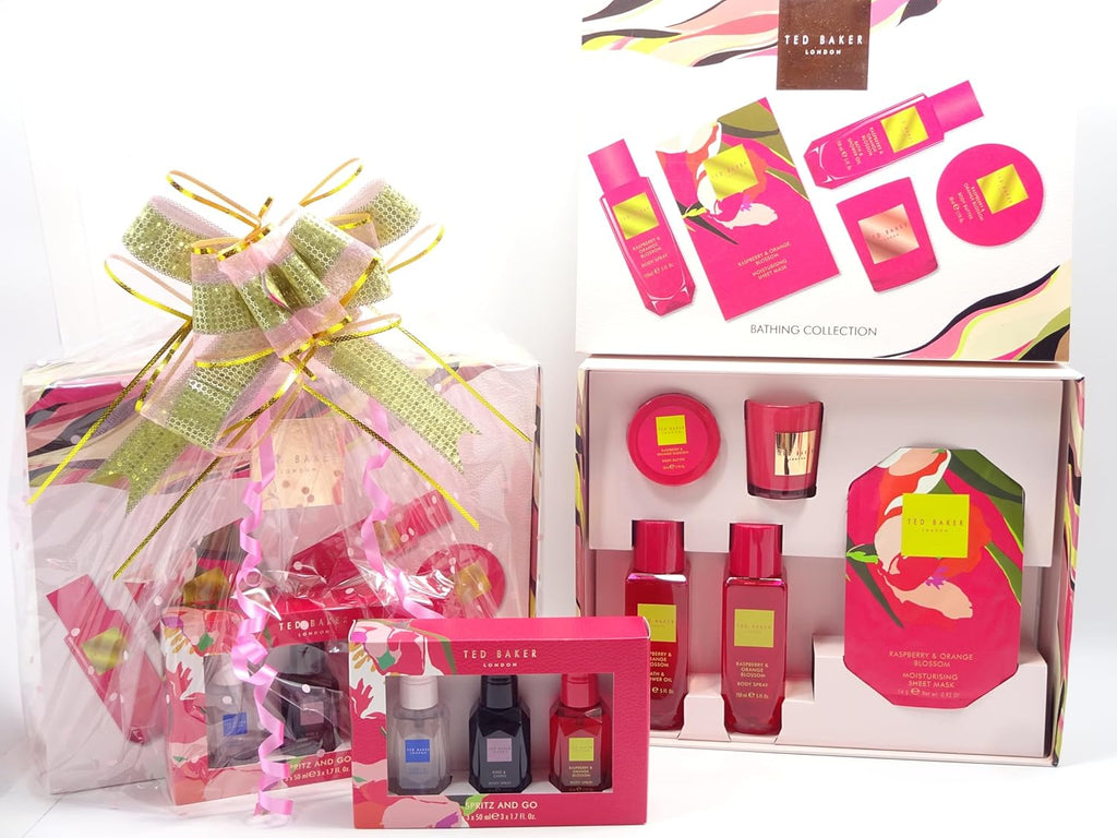 Ted Baker Gift Set Hamper Bathing Collection displayed with pink and green decorative bow