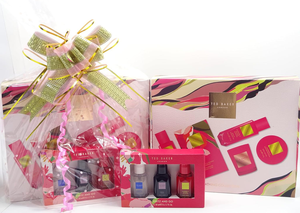 Close-up of Ted Baker Gift Set Hamper packaging and all items included for women