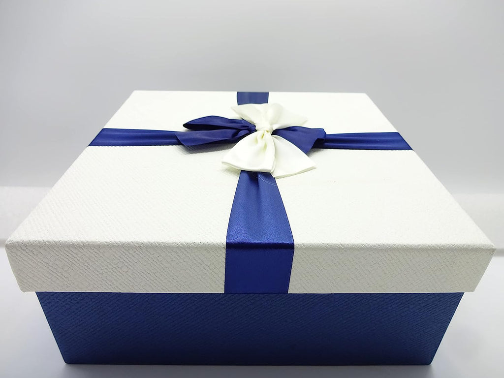 White gift box with a blue and white bow, displayed with the lid off.