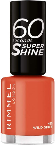 Rimmel 410 Wild Spice 60 Seconds Super Shine Nail Polish bottle in warm terracotta orange