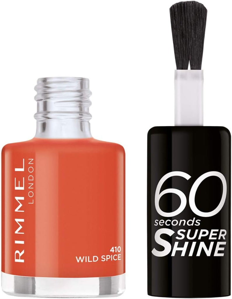 Open Rimmel 410 Wild Spice Nail Polish with brush applicator showing terracotta orange shade