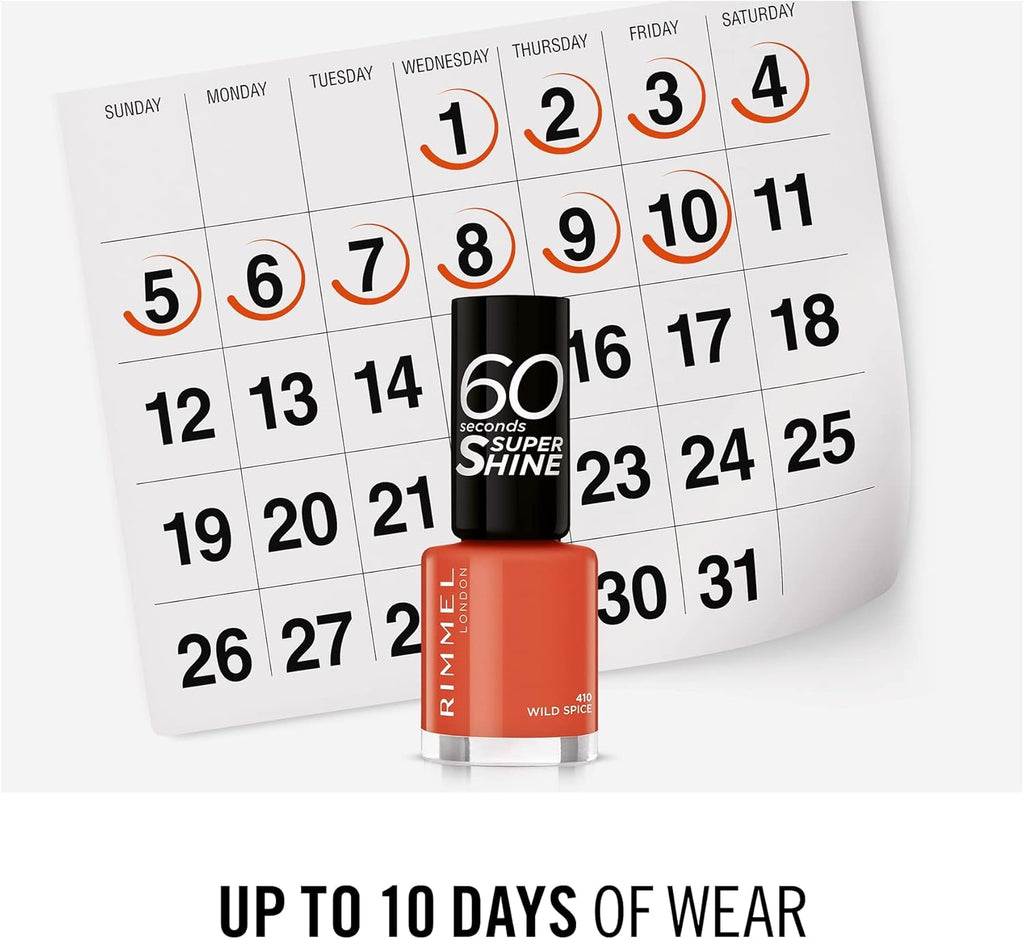 Rimmel 410 Wild Spice Nail Polish with calendar showing up to 10 days of wear