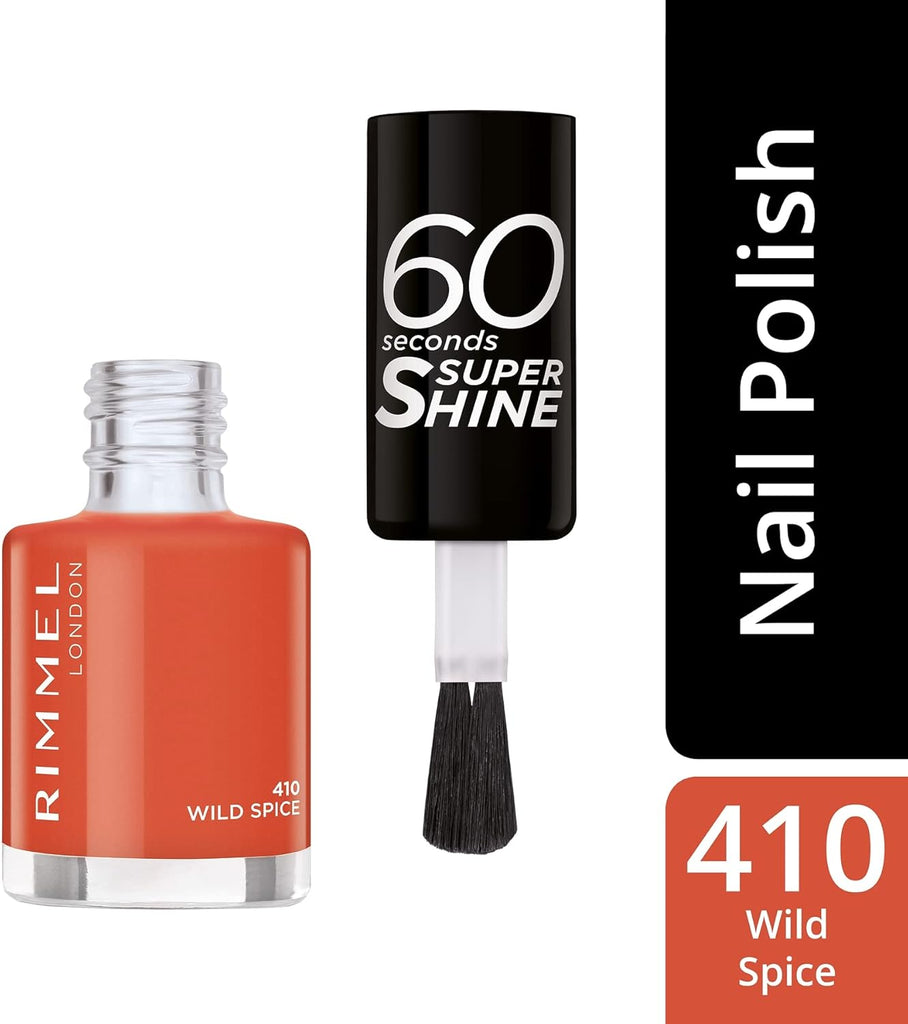 Rimmel 410 Wild Spice Super Shine Nail Polish with applicator and packaging in terracotta orange