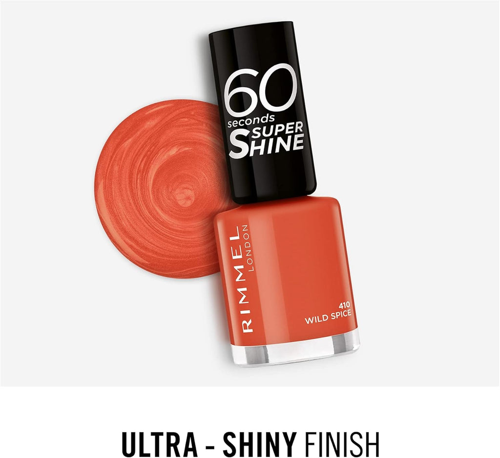 Rimmel 410 Wild Spice Nail Polish showing ultra-shiny terracotta orange finish