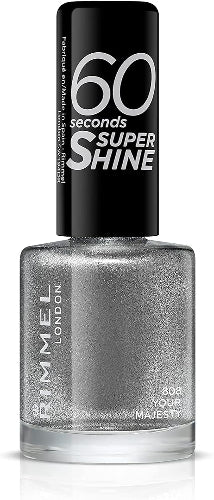 Rimmel 808 Your Majesty 60 Seconds Super Shine Nail Polish bottle in metallic silver shade with black cap