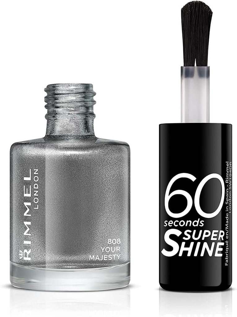 Open bottle of Rimmel 808 Your Majesty metallic silver nail polish with brush applicator